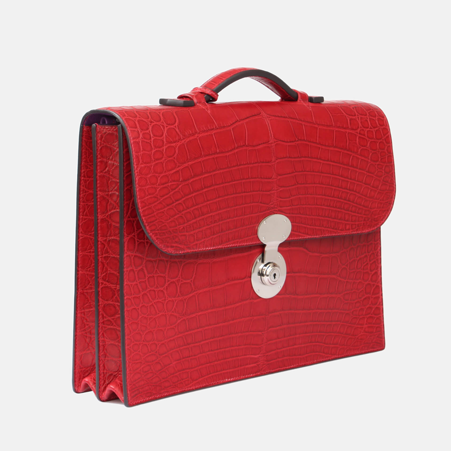 front view of the red alligator hackney briefcase and silver hardware closure