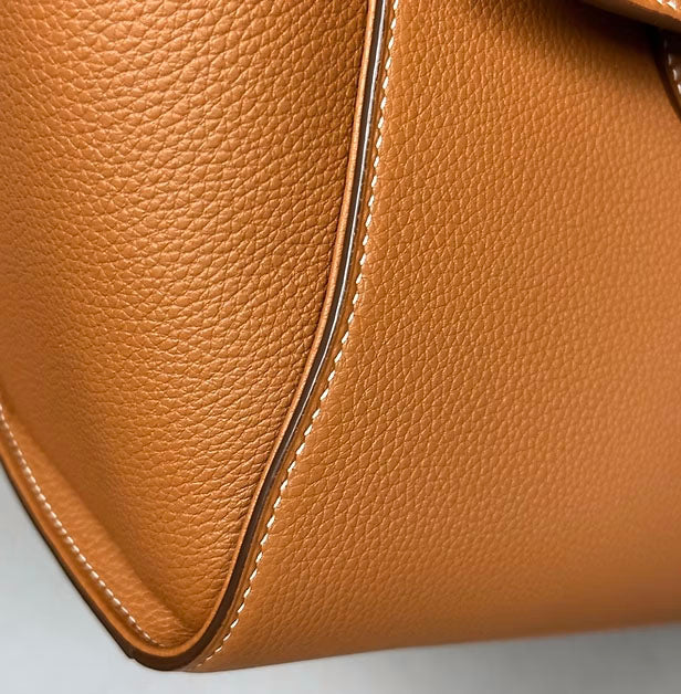 zoom in of stitching detail of the dream bag in cognac