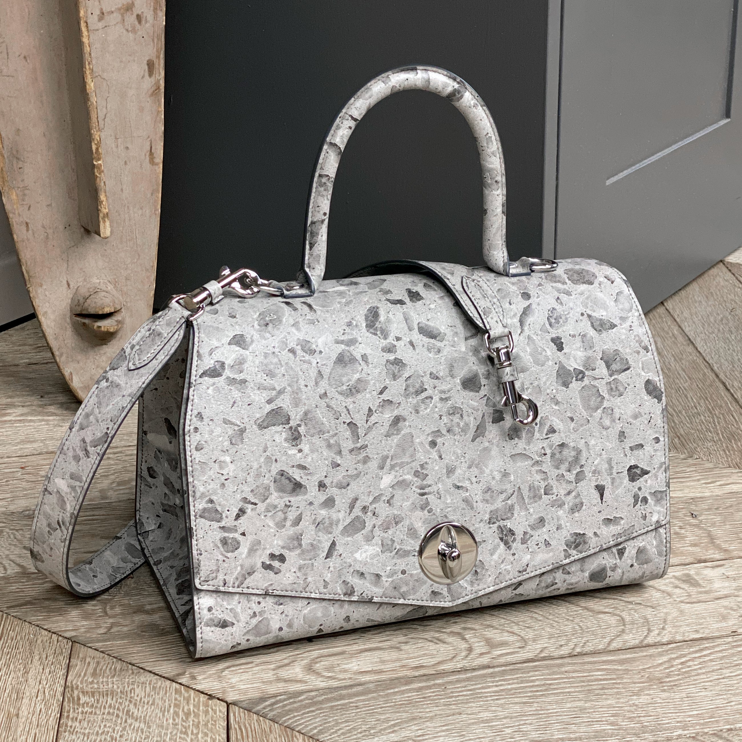 the peter nitz lorin flap bag in terrazzo calf with silver hardware